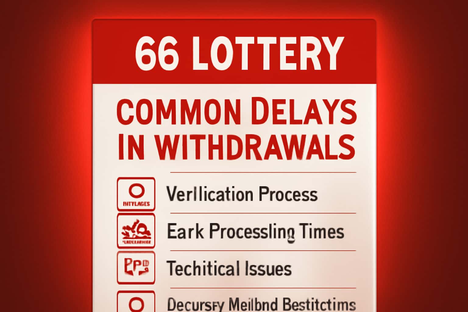 A neutral scene illustrating the concept of common delays in lottery withdrawals, highlighted with red tones.